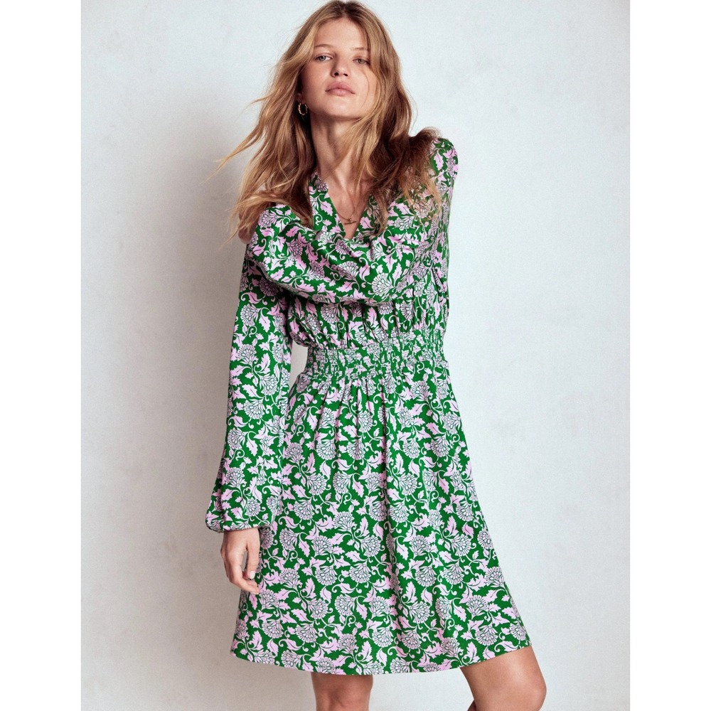 BODEN Sarah Short Jersey Dress Rich Emerald Ornate Vine Floral Green Pink US 12